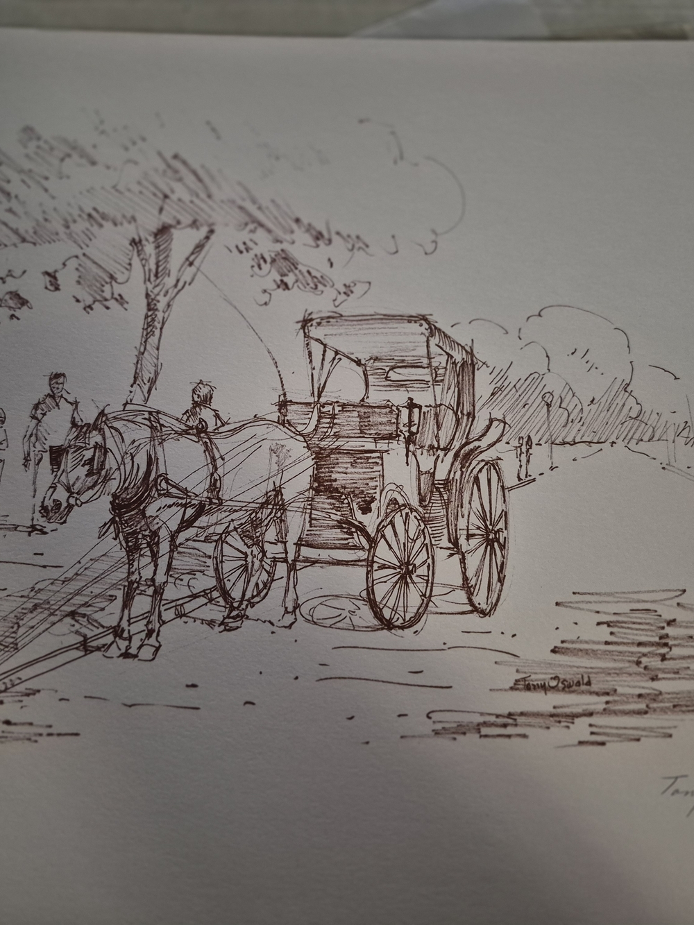 Tony Oswall Hand-Drawn Carriage Pen & Ink Art Print in Brown
